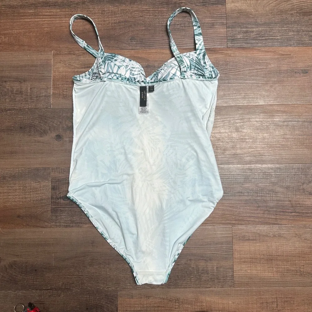 Niptuck Swim‎ One Piece Swimsuit Teal White Palm Print Ruched Tummy Control  10